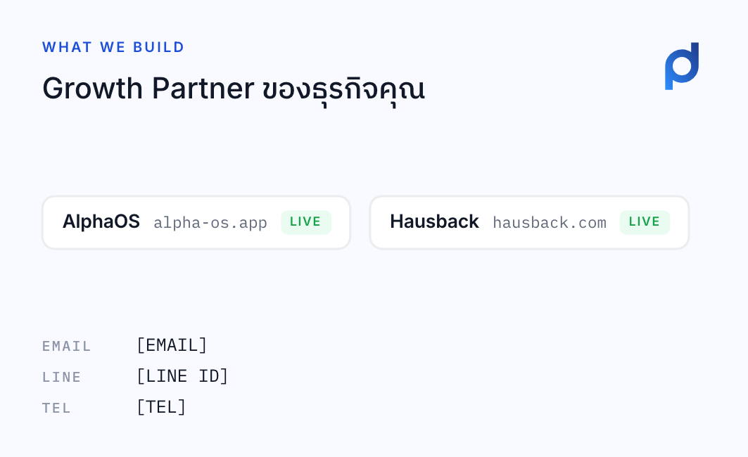 Back of the card: What we build — Growth Partner ของธุรกิจคุณ. AlphaOS (alpha-os.app) and Hausback (hausback.com), both live, with the contact details.